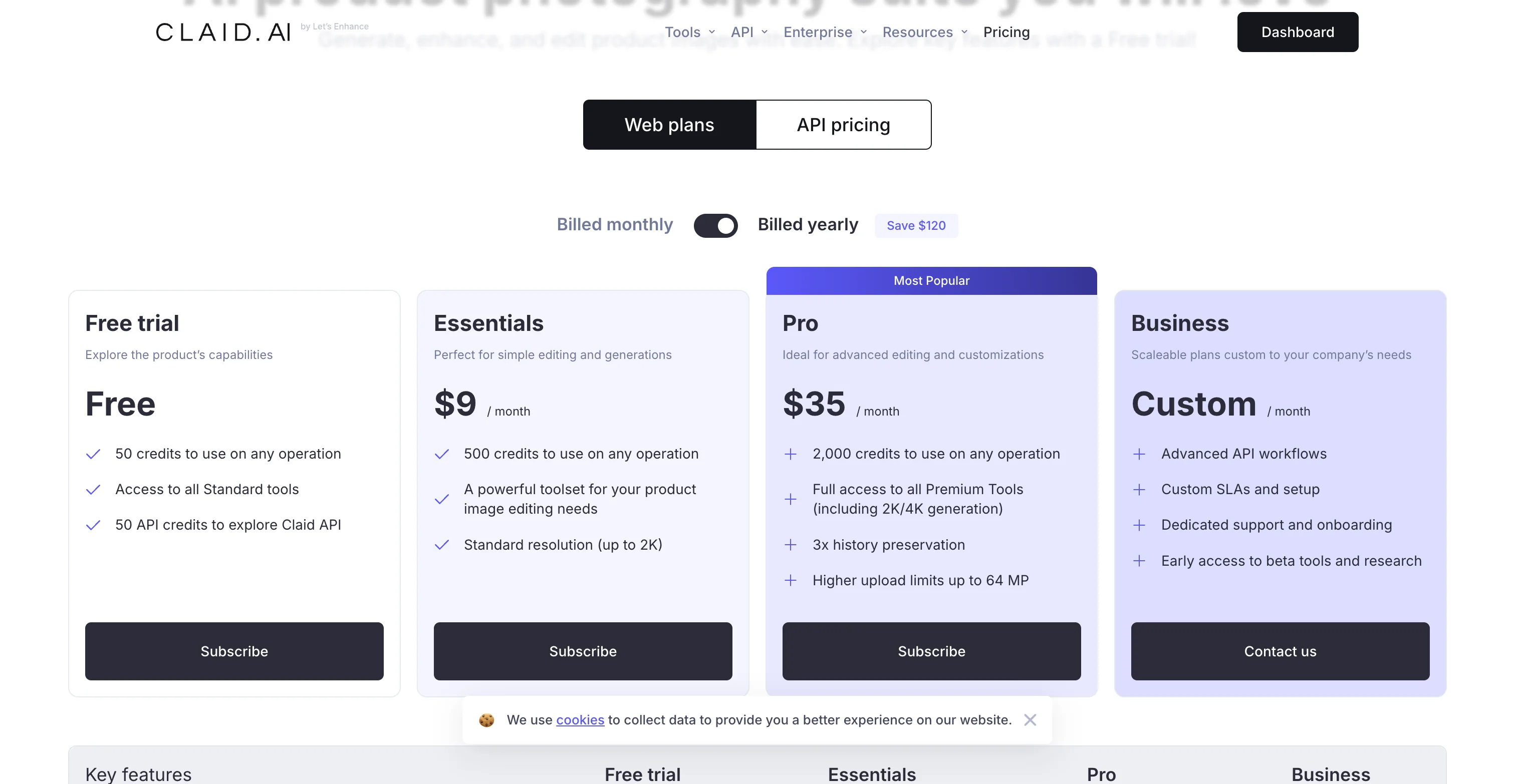 Claid.ai's web app pricing page showing Free trial, Essentials, Pro and Business tiers