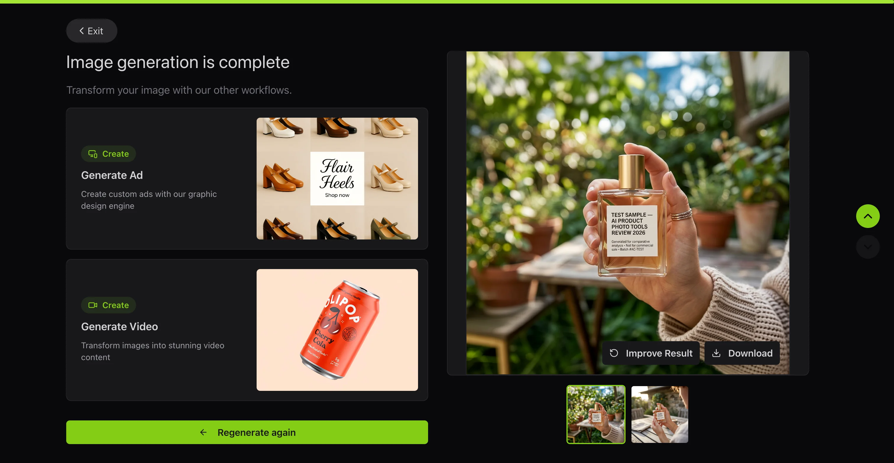 The single in-hands result Flair.ai's free plan produced: product held outdoors against a garden background