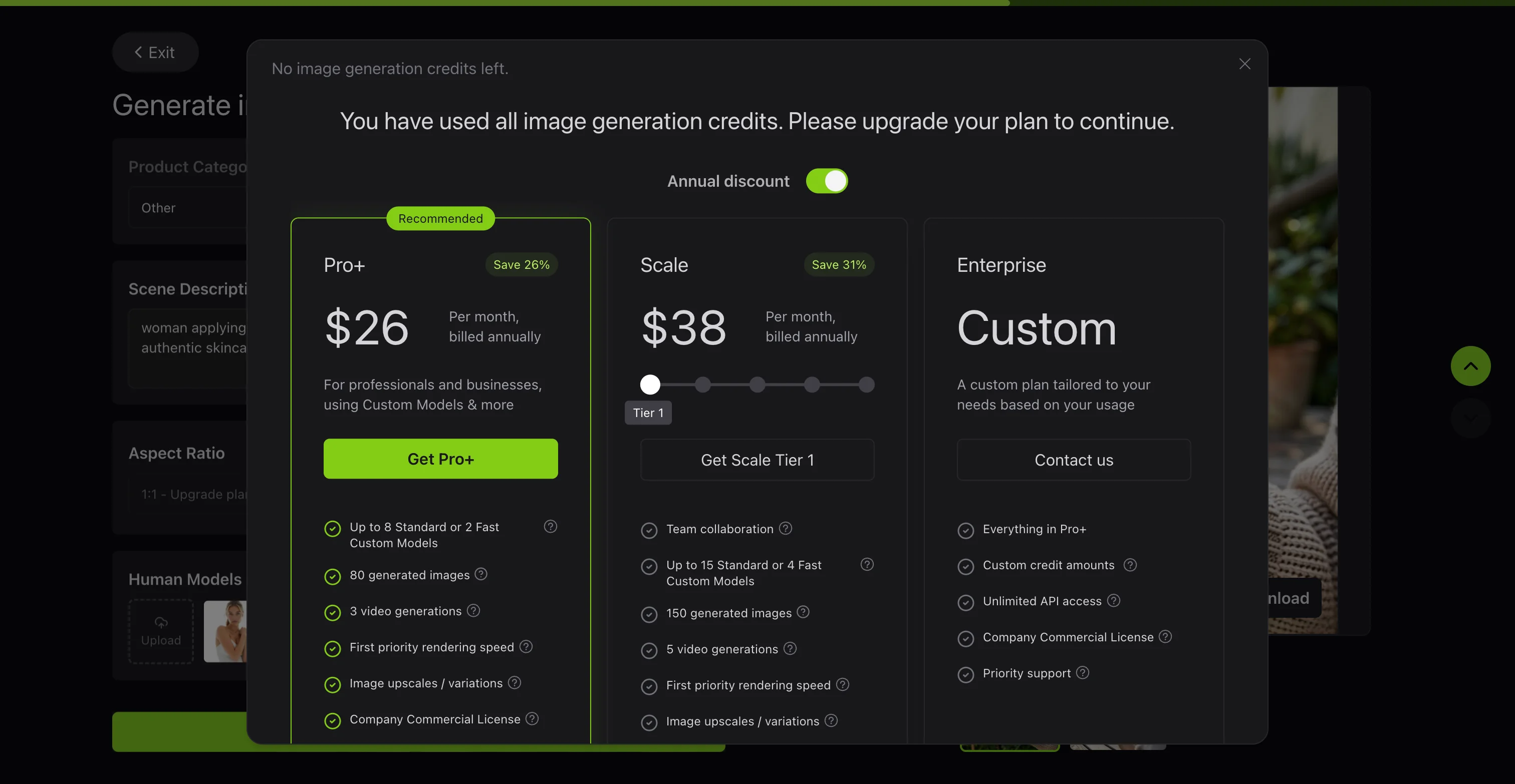 Flair.ai's out-of-credits upgrade modal showing Pro+, Scale and Enterprise pricing