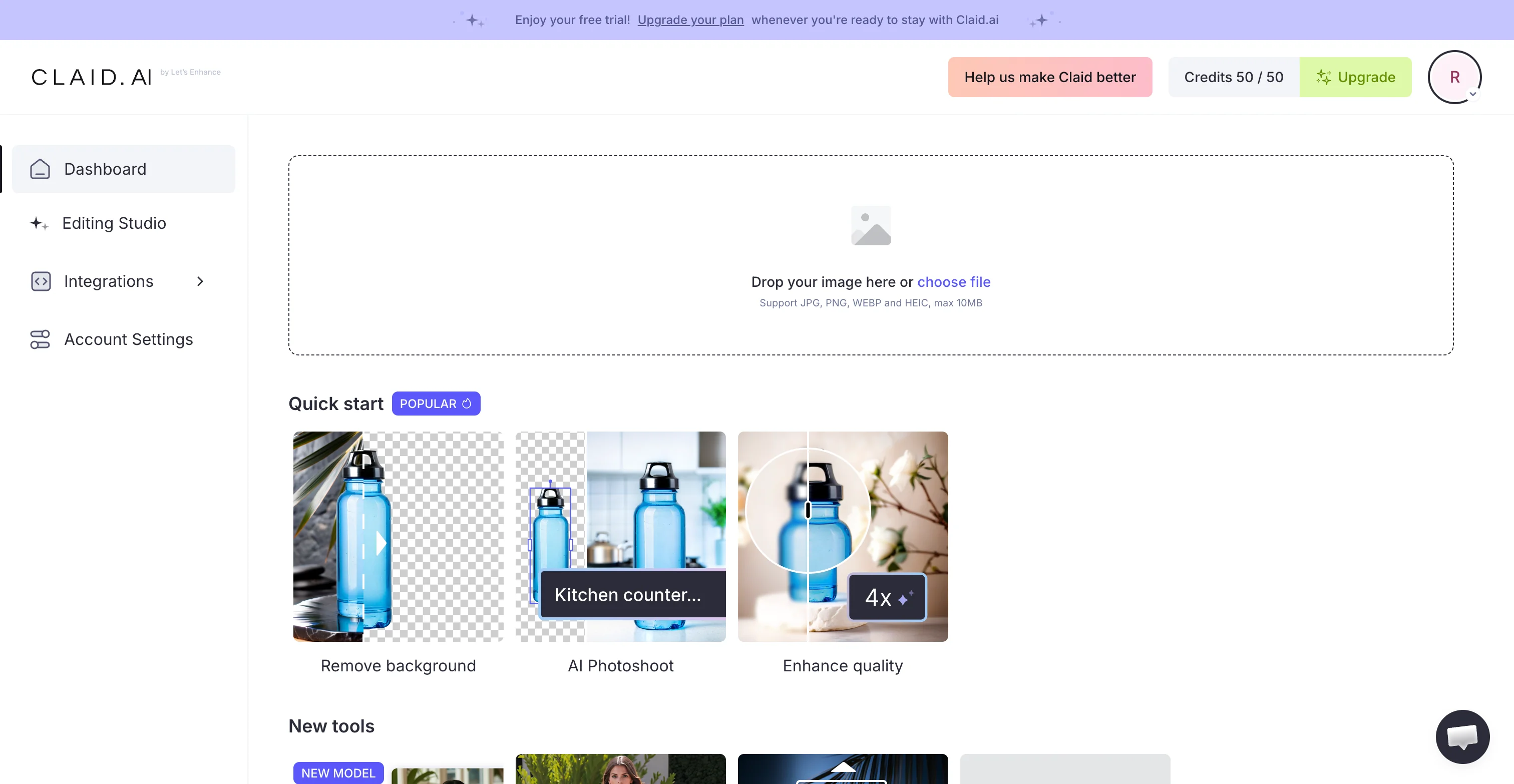 Claid dashboard with a drop-your-image area, Quick start tiles for Remove background, AI Photoshoot and Enhance quality