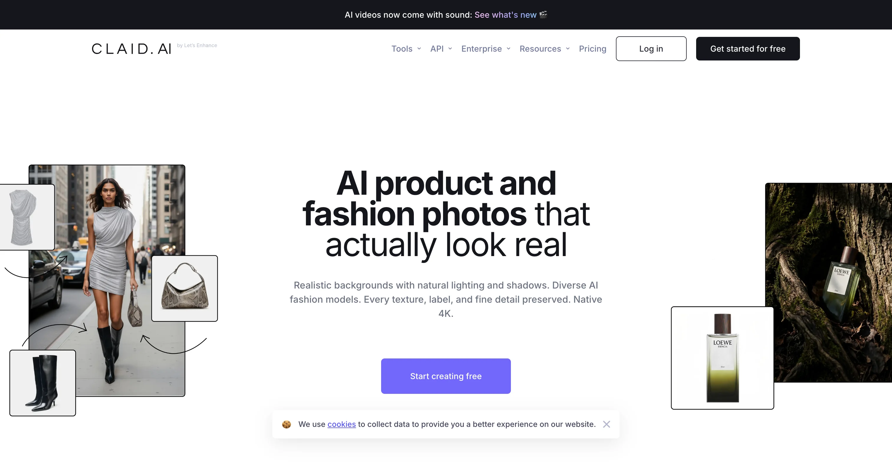 Claid.ai homepage hero reading "AI product and fashion photos that actually look real" with sample fashion and perfume images