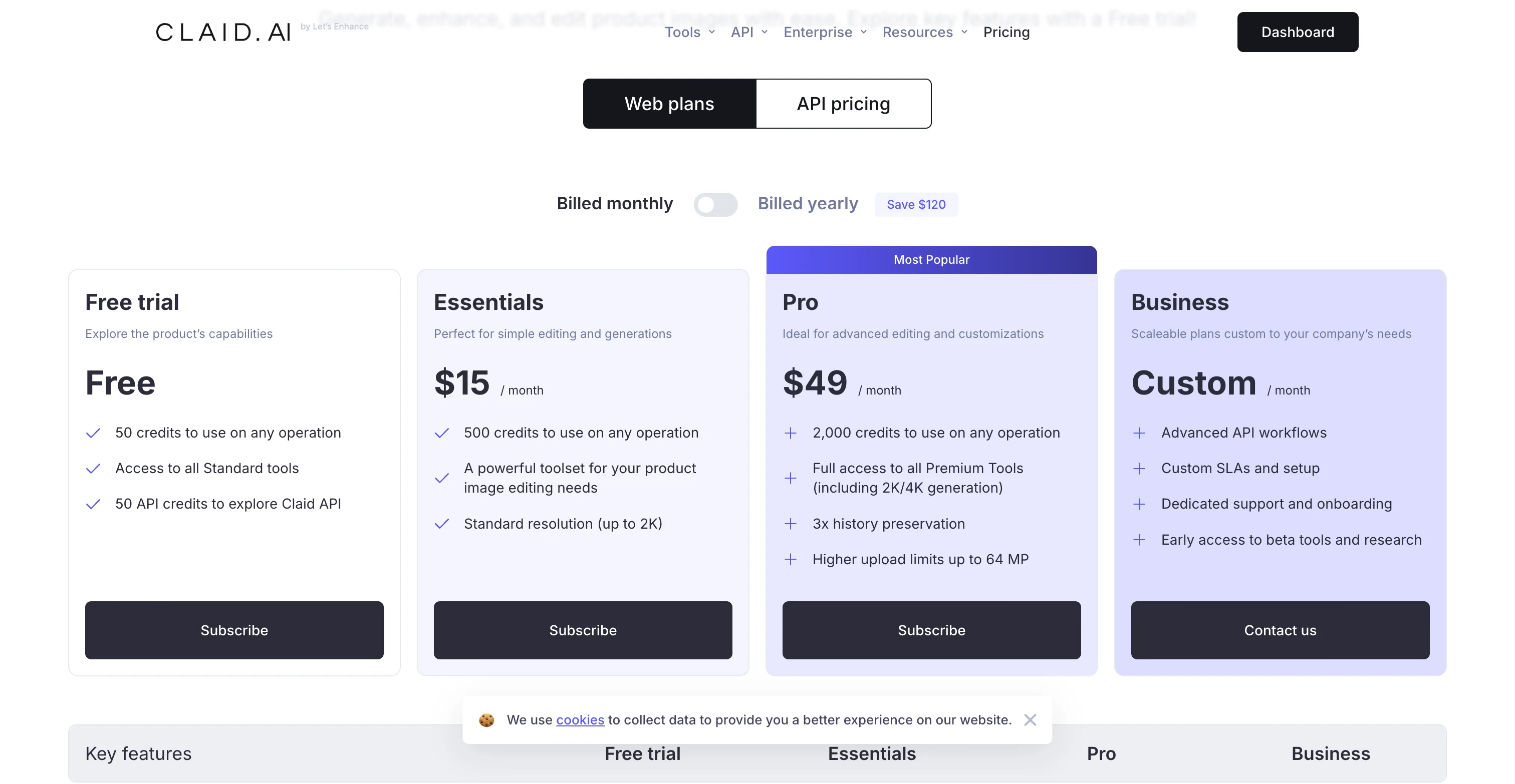 Claid pricing page on monthly billing showing Free trial, Essentials at 15, Pro at 49 US dollars and a custom Business plan
