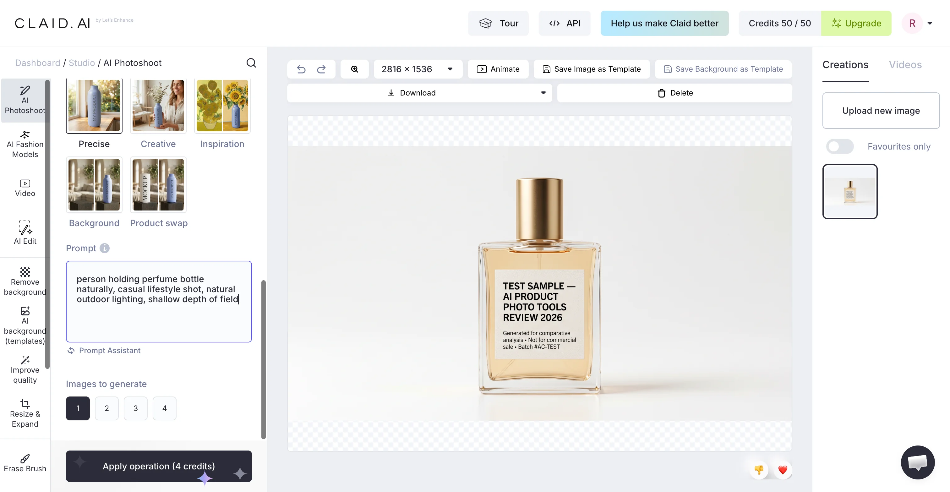 Claid AI Photoshoot studio showing the uploaded perfume bottle cut-out, a scene prompt and an Apply operation button costing 4 credits