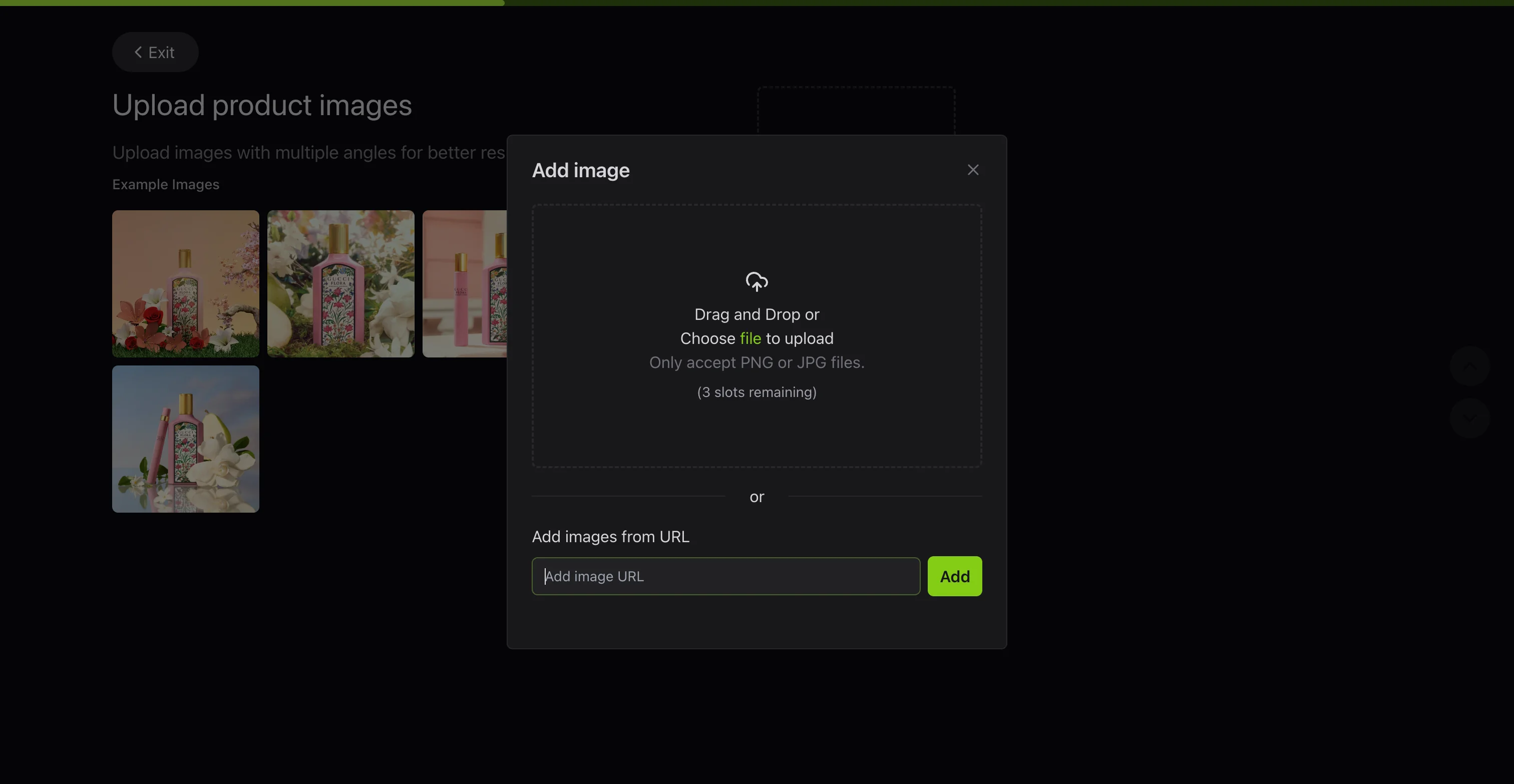 Flair Add image dialog with a drag-and-drop area accepting PNG or JPG, three slots remaining, and an add-image-from-URL field