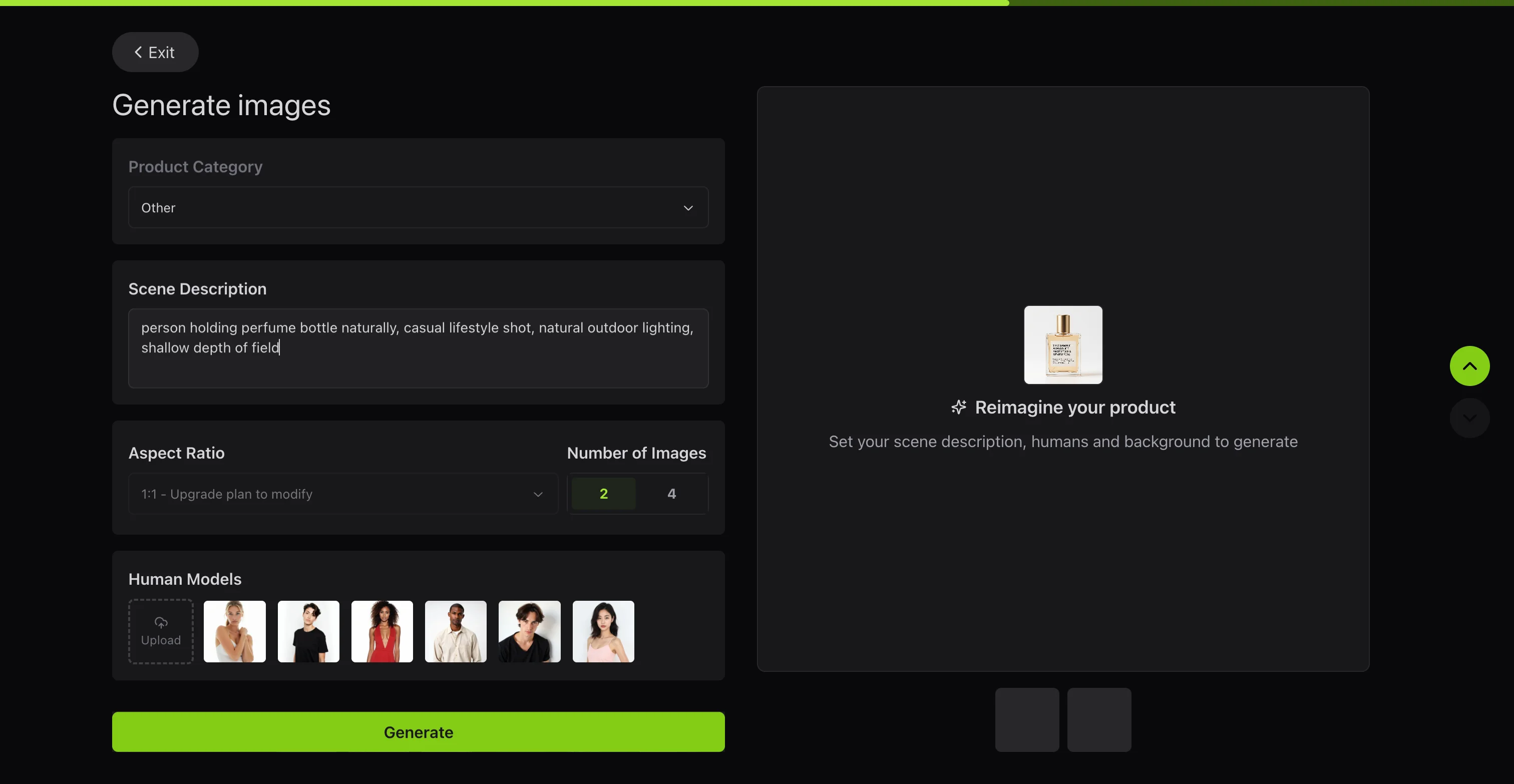 Flair generate images panel with a scene description prompt, an aspect ratio locked behind an upgrade, image count and human model thumbnails