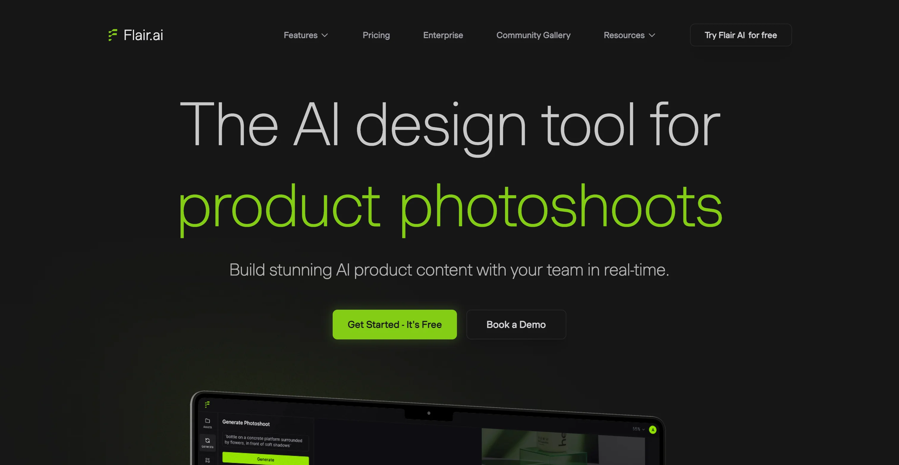 Flair.ai homepage hero with the headline "The AI design tool for product photoshoots" and Get Started and Book a Demo buttons