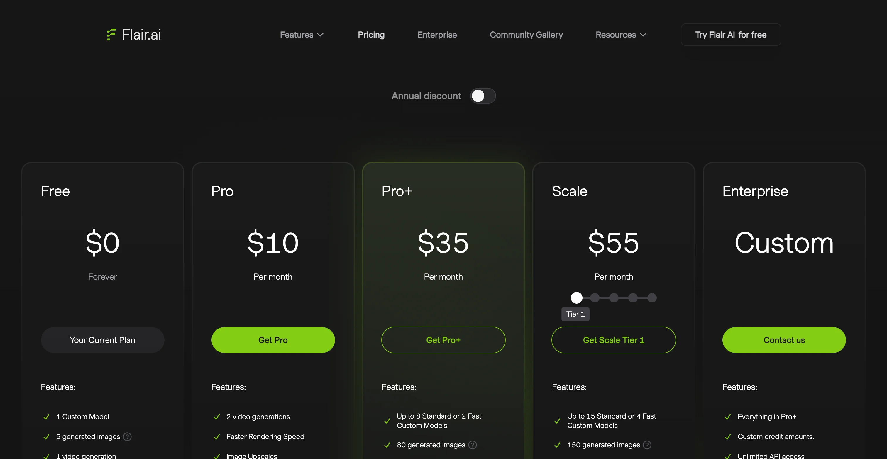 Flair pricing page billed monthly showing Free at 0, Pro at 10, Pro+ at 35, Scale at 55 US dollars and a custom Enterprise plan