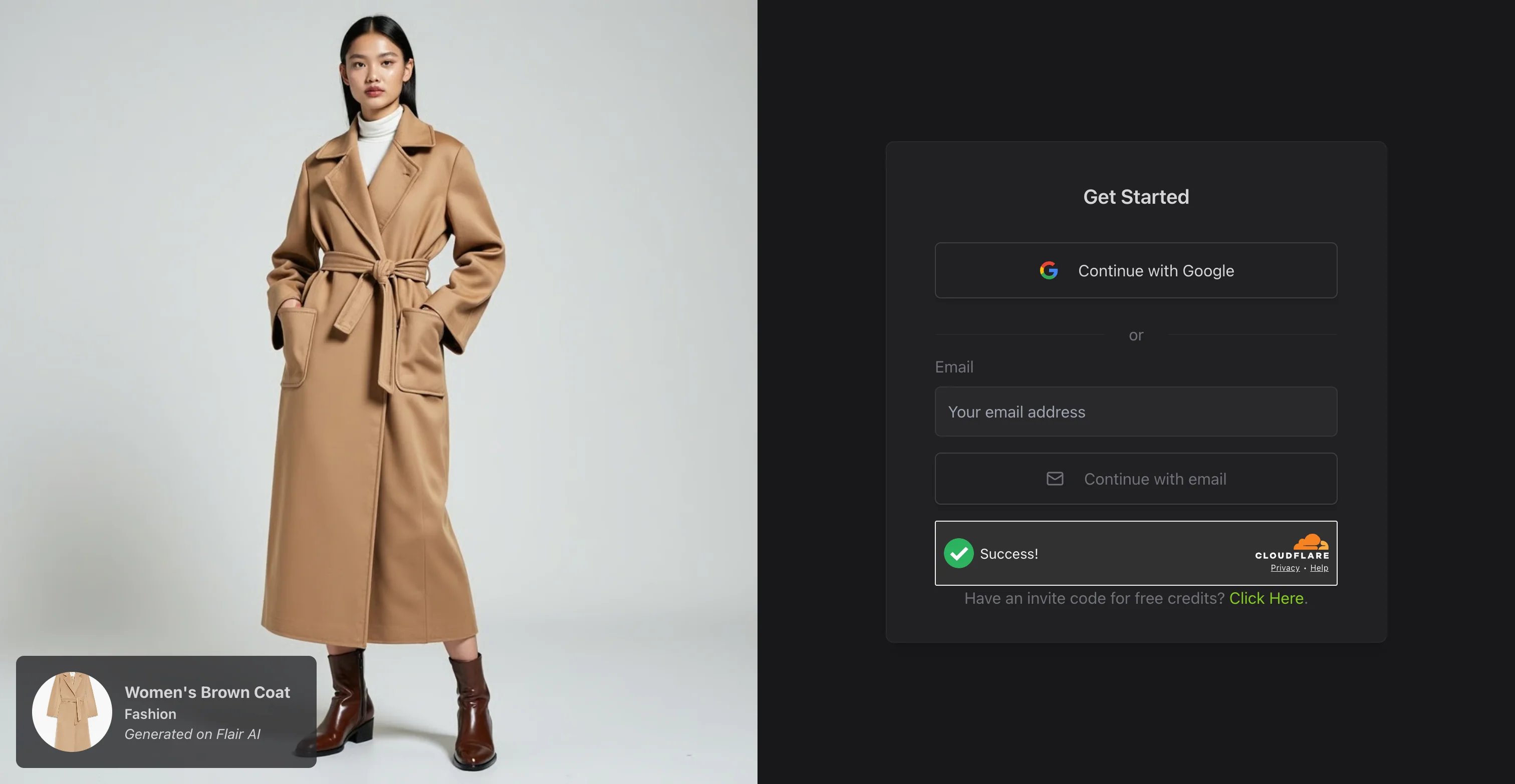 Flair sign-up screen offering Continue with Google or an email field, beside a sample AI fashion image of a model in a brown coat