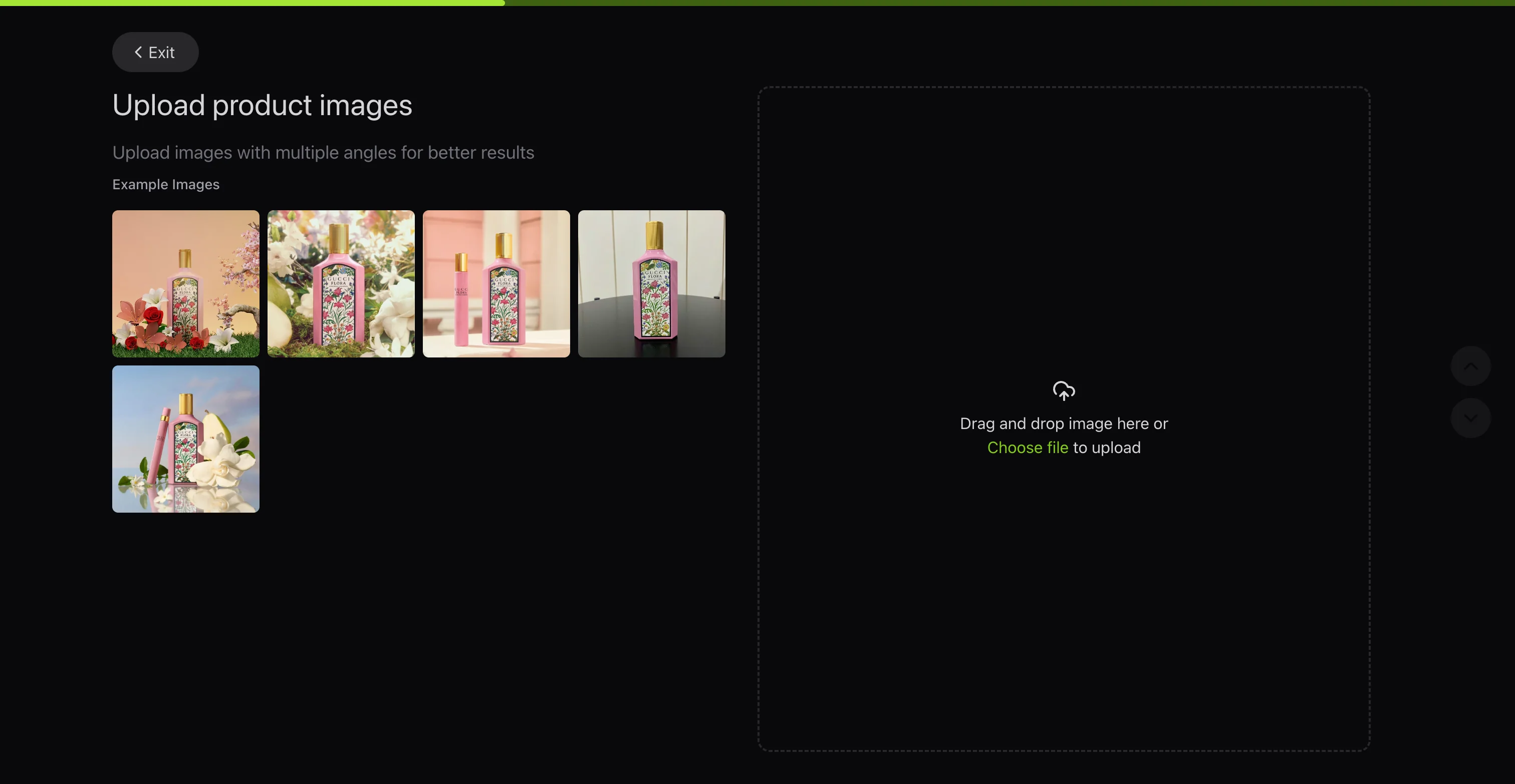 Flair upload product images step showing five example perfume photos on the left and an empty drag-and-drop upload area