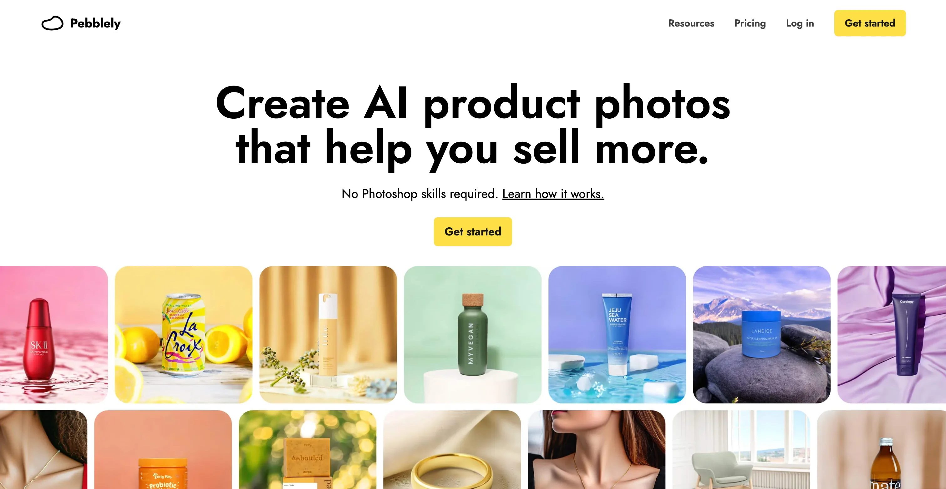 Pebblely homepage with a headline about creating AI product photos above a grid of sample product images