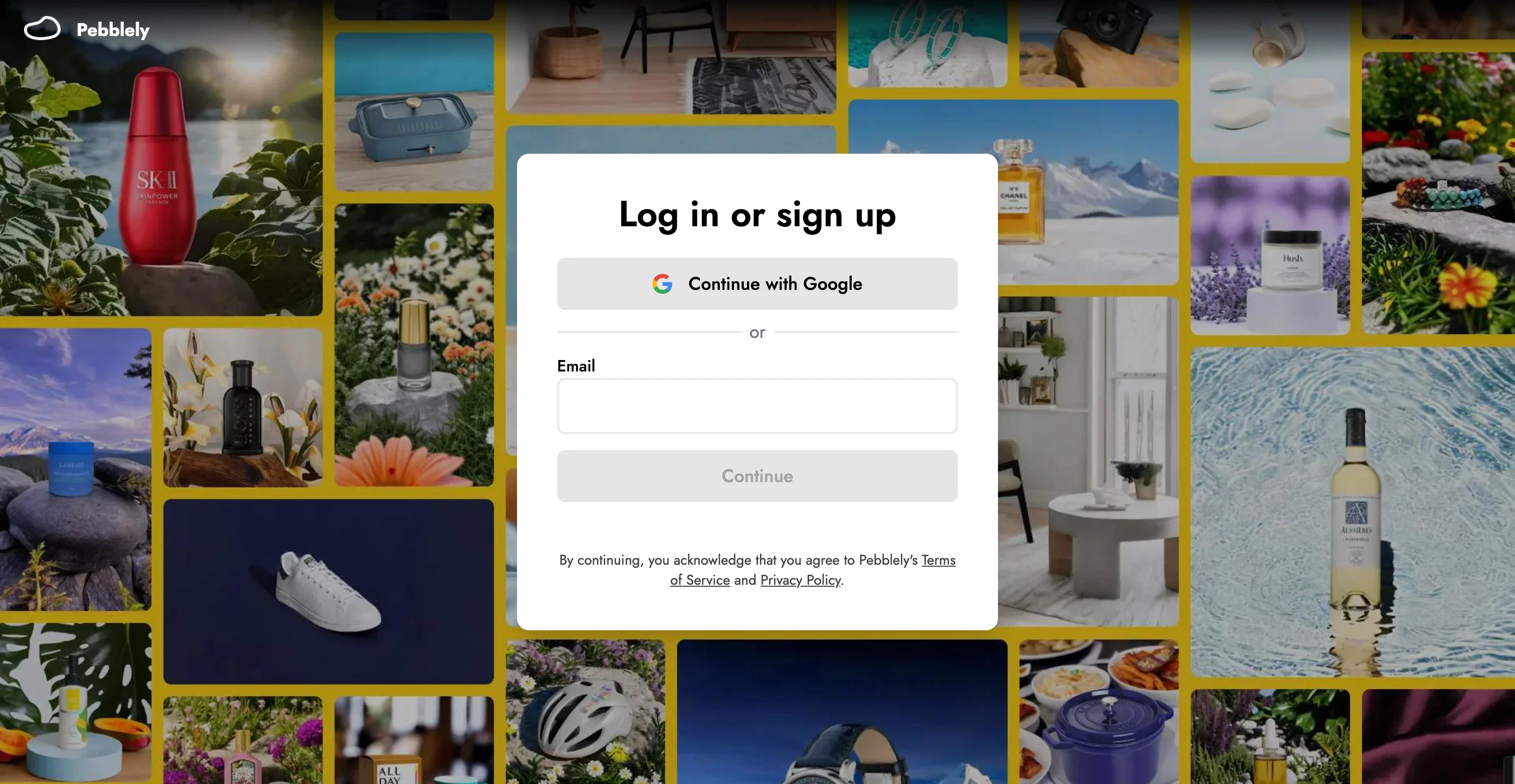 Pebblely log in or sign up screen with a Continue with Google button and an empty email field over a product photo mosaic