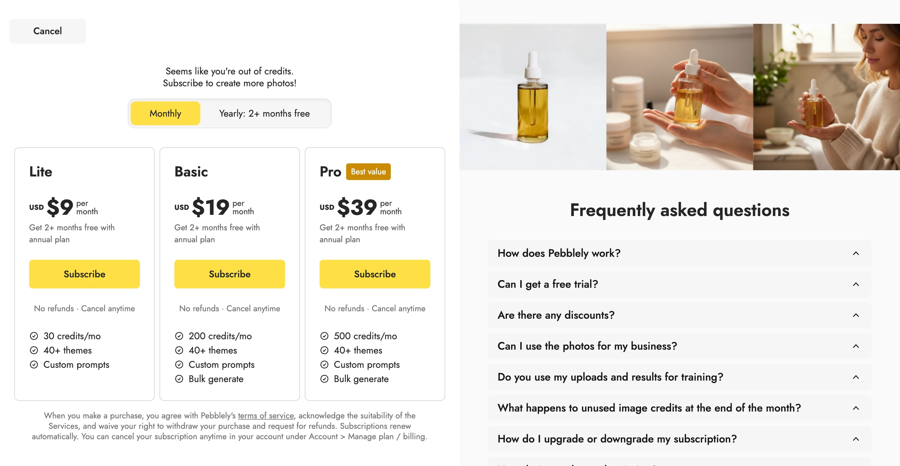 Pebblely out-of-credits paywall showing Lite, Basic and Pro monthly plans at 9, 19 and 39 US dollars beside a FAQ list