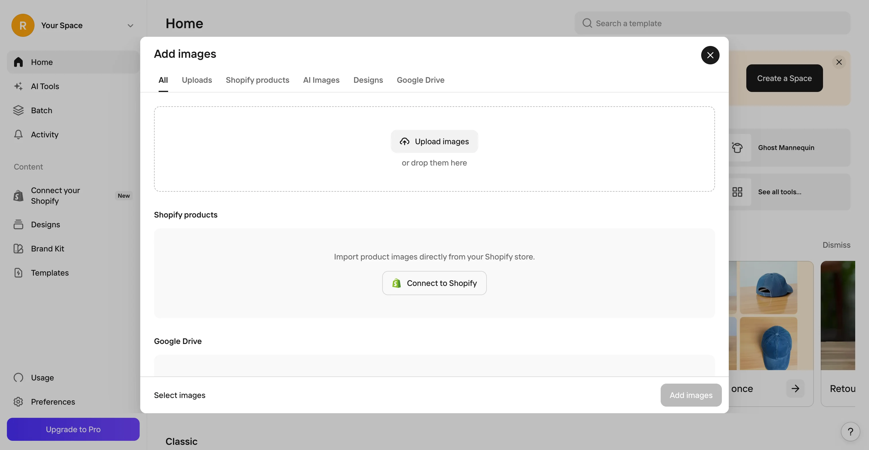 Photoroom Add images modal with an empty upload drop zone and tabs for Uploads, Shopify products, AI Images, Designs and Google Drive