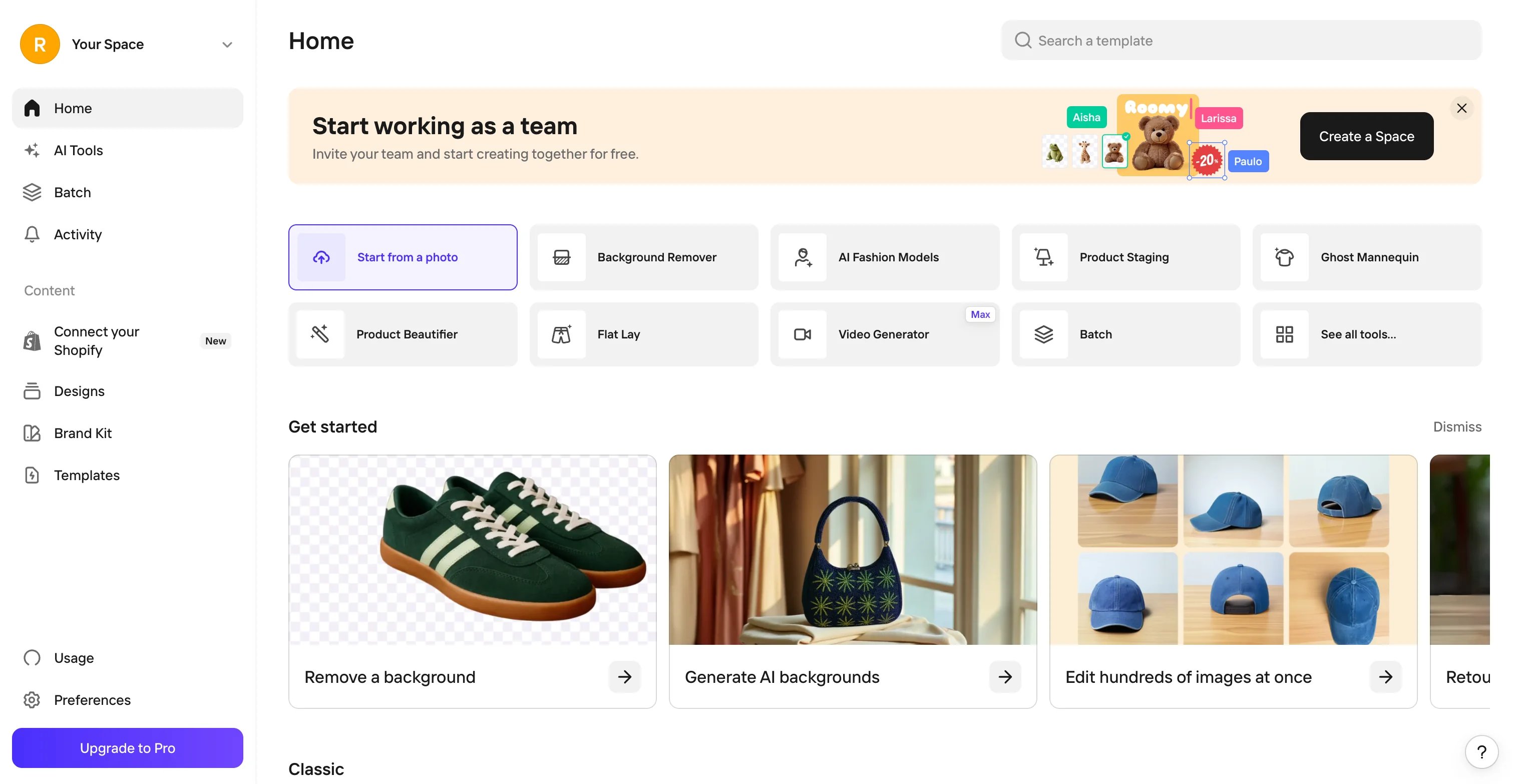 Photoroom logged-in home dashboard with rows of AI tools including Background Remover, Product Staging and Video Generator