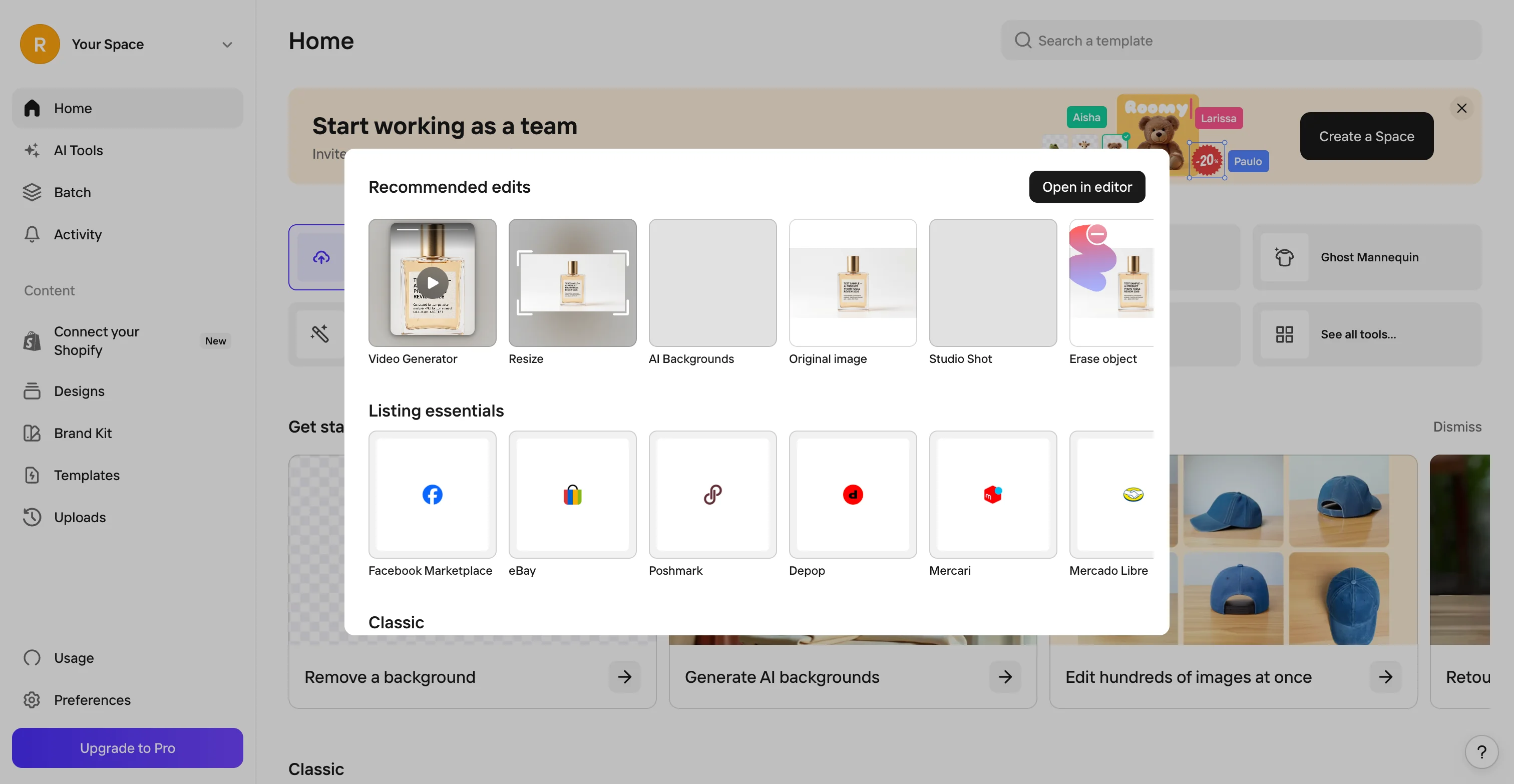 Photoroom Recommended edits panel showing Resize, AI Backgrounds and Studio Shot options above marketplace presets