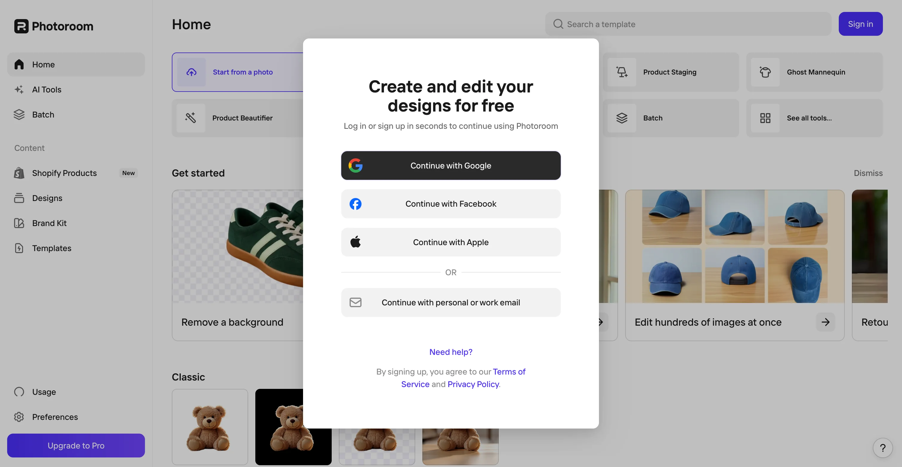 Photoroom home screen with a login modal offering Google, Facebook, Apple and email sign-in over the template dashboard