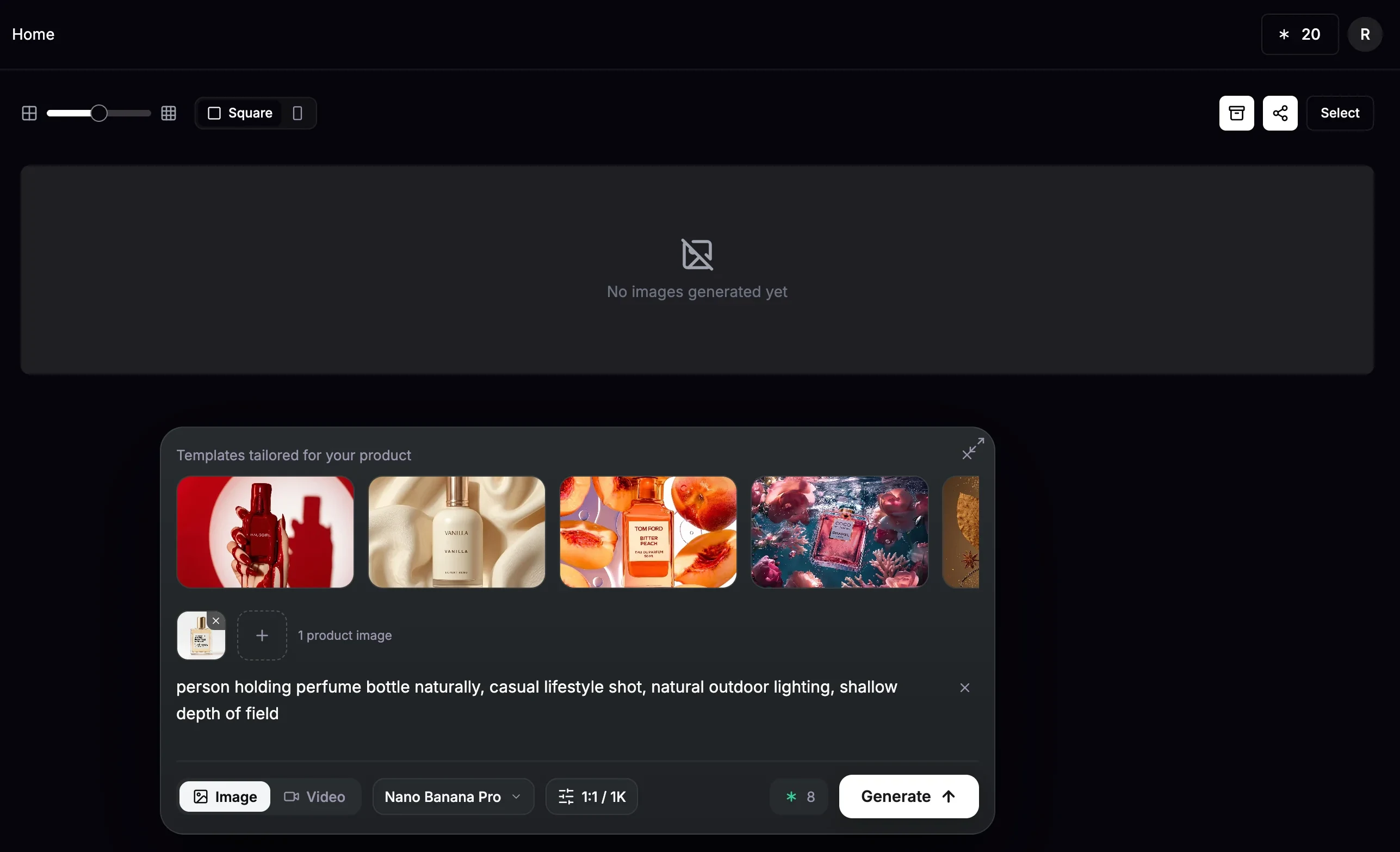 ProductAI create screen with a template carousel, one attached product image, a typed prompt and an empty results panel