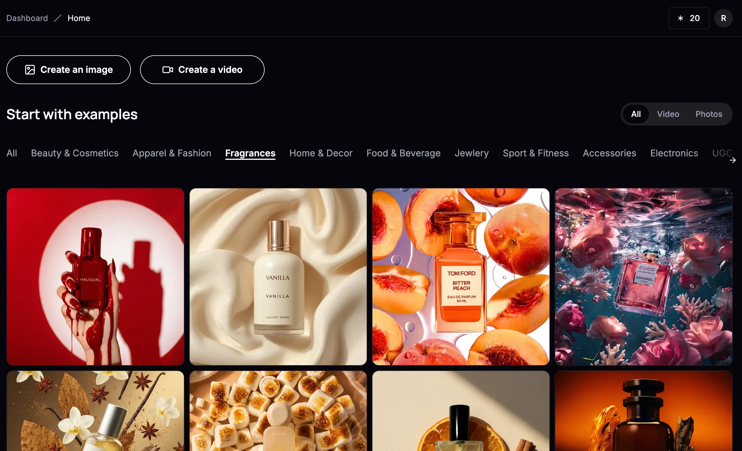 ProductAI dashboard home showing Create an image and Create a video buttons above a grid of fragrance example templates