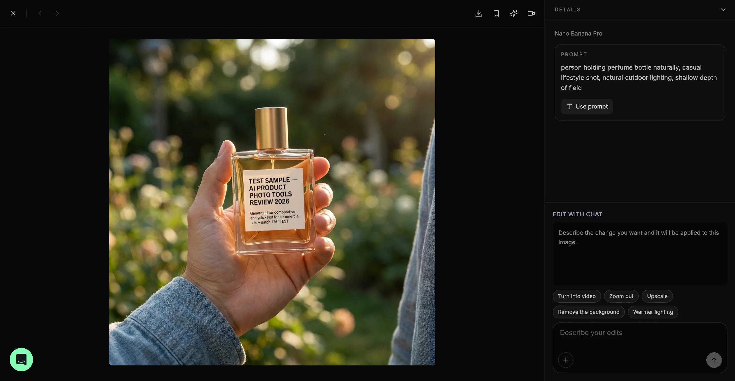 ProductAI image detail view showing a generated perfume-in-hand photo with the prompt and edit-with-chat panel alongside it