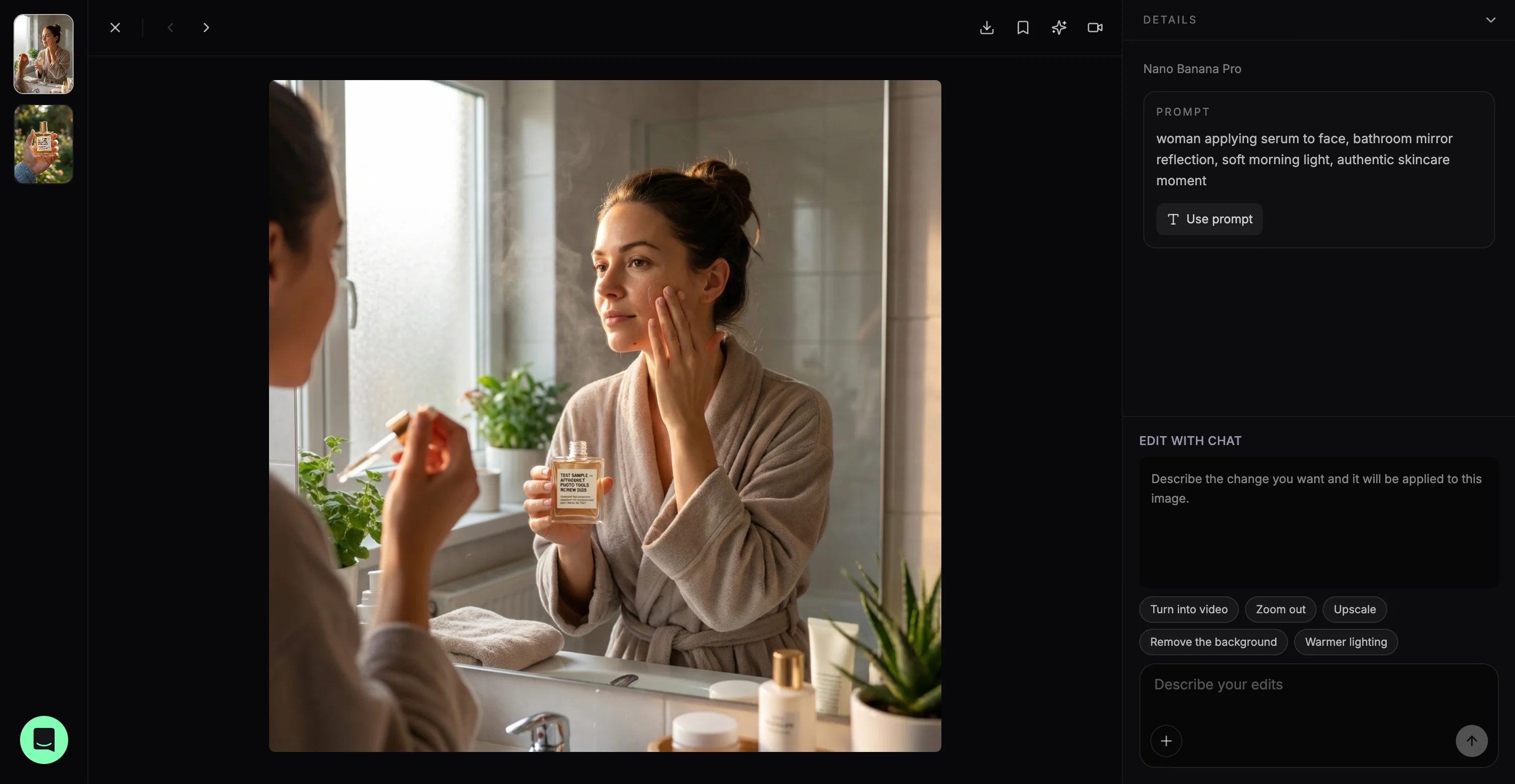 ProductAI image detail view showing a generated bathroom skincare photo, with two result thumbnails in the left rail