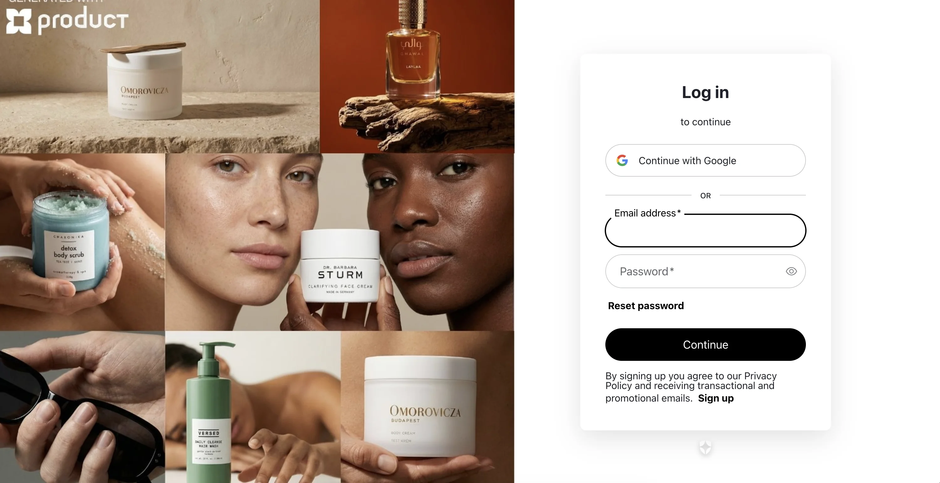 ProductAI log-in screen with Google sign-in plus empty email and password fields, beside a grid of sample product photos