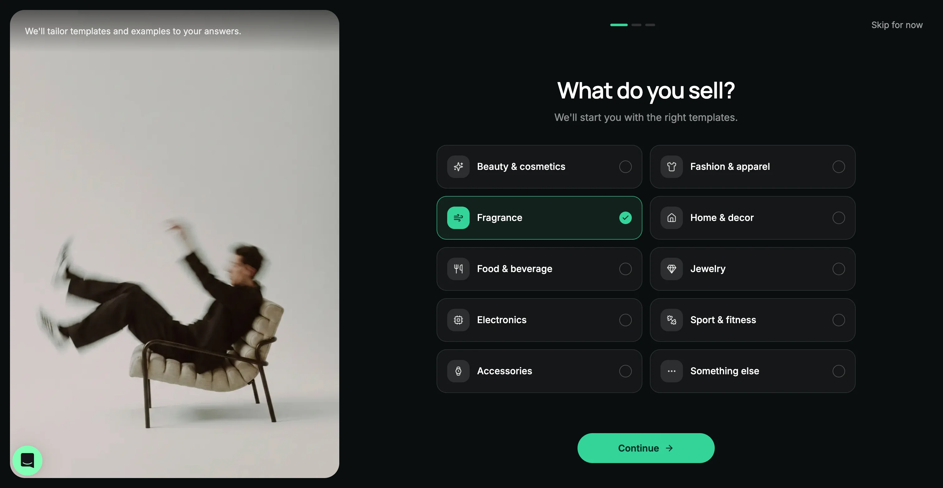 ProductAI onboarding step 1, "What do you sell?", with eight product-category tiles and Fragrance selected