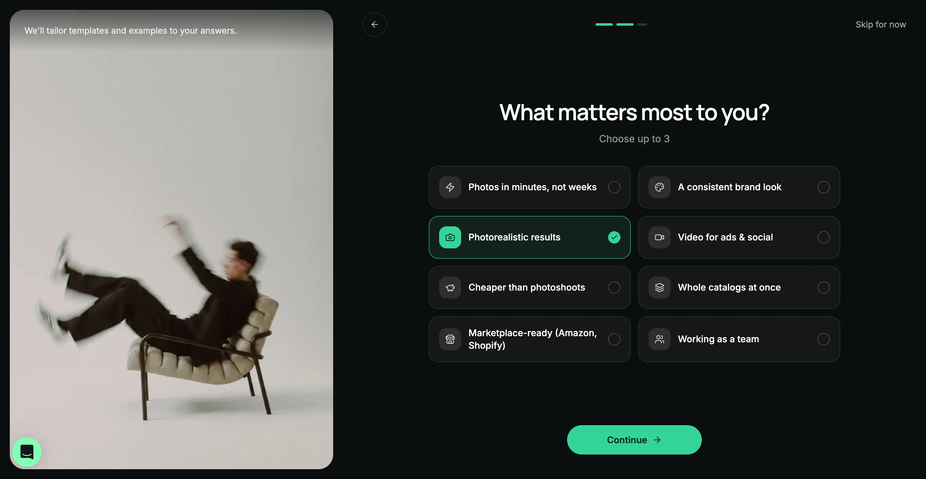 ProductAI onboarding step 2, "What matters most to you?", with eight priority options and Photorealistic results selected