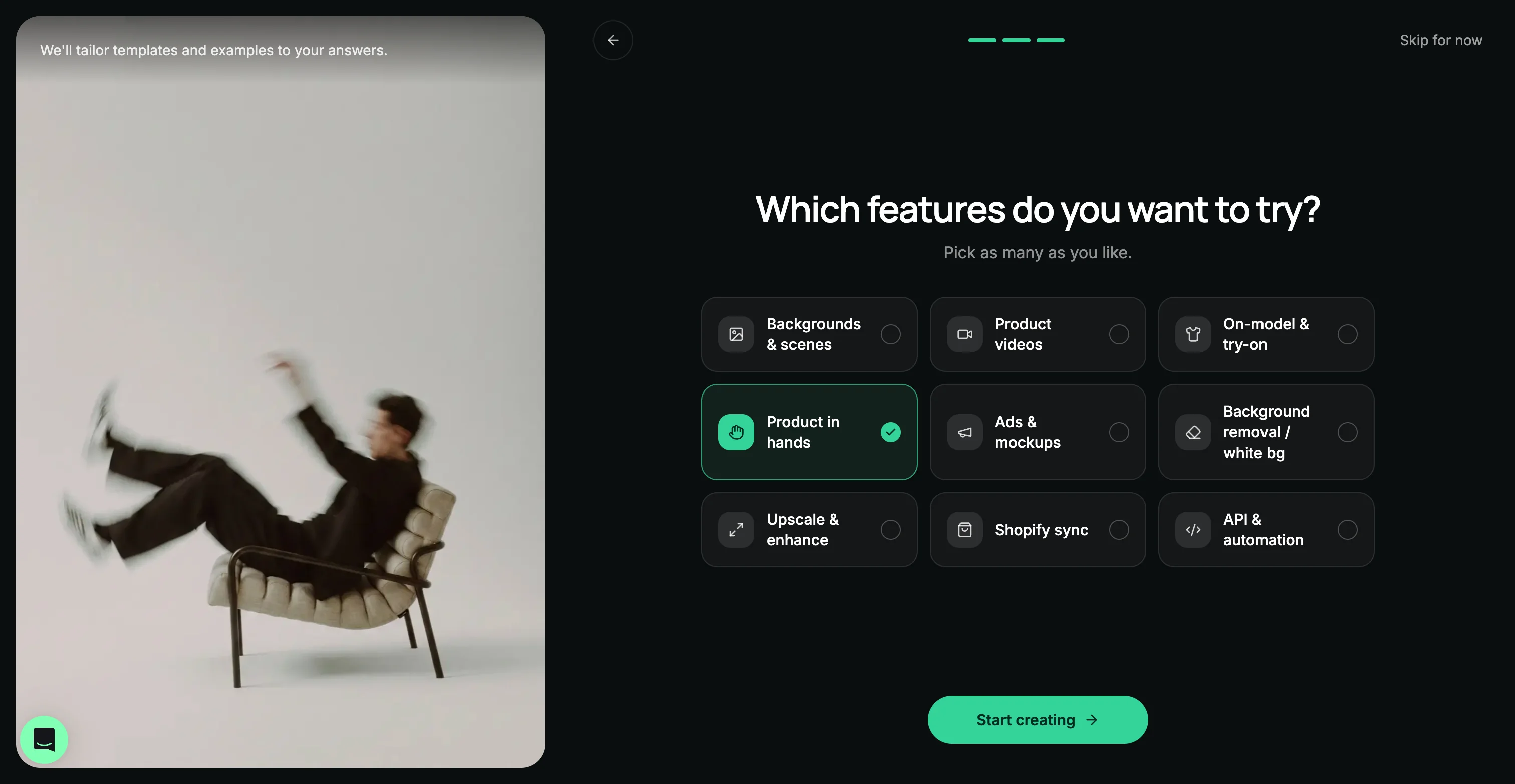 ProductAI onboarding step 3, "Which features do you want to try?", with nine feature tiles and Product in hands selected