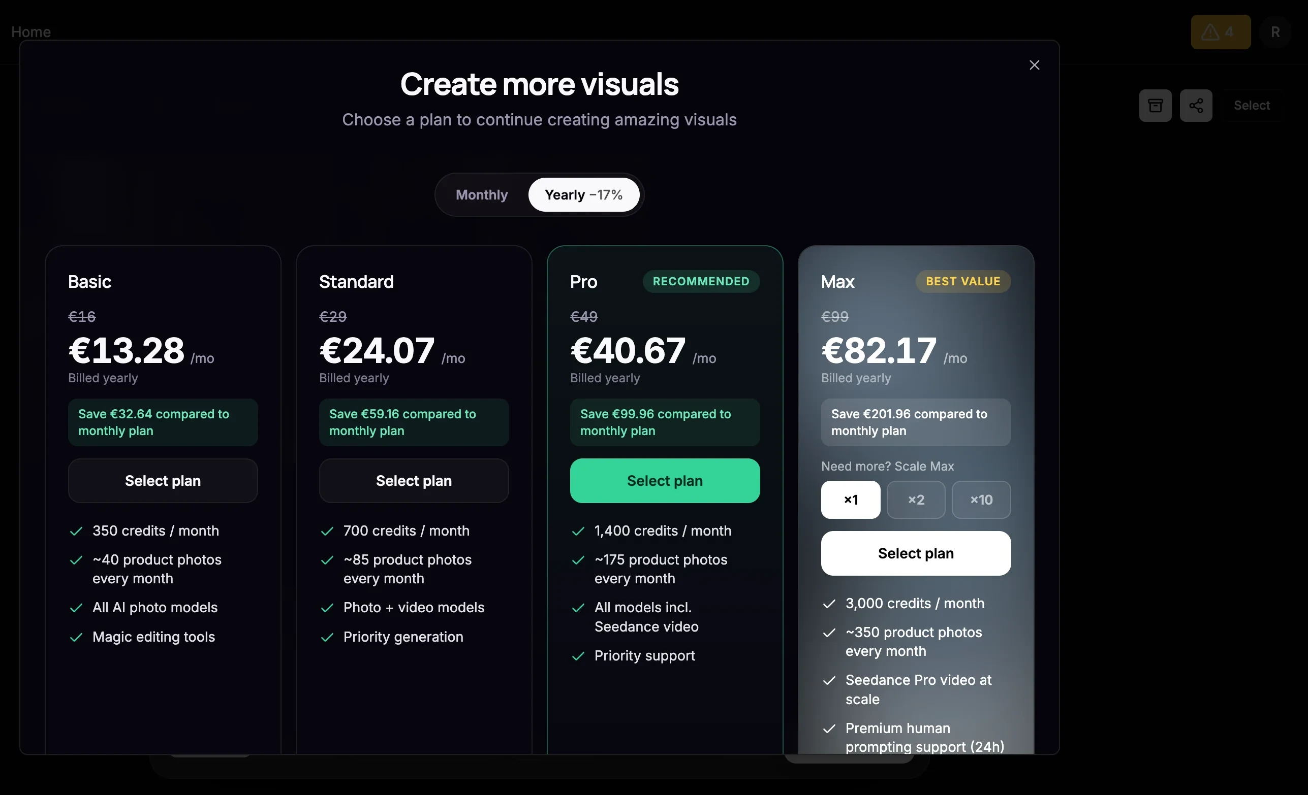 ProductAI pricing modal on yearly billing, showing discounted Basic, Standard, Pro and Max prices with annual savings figures