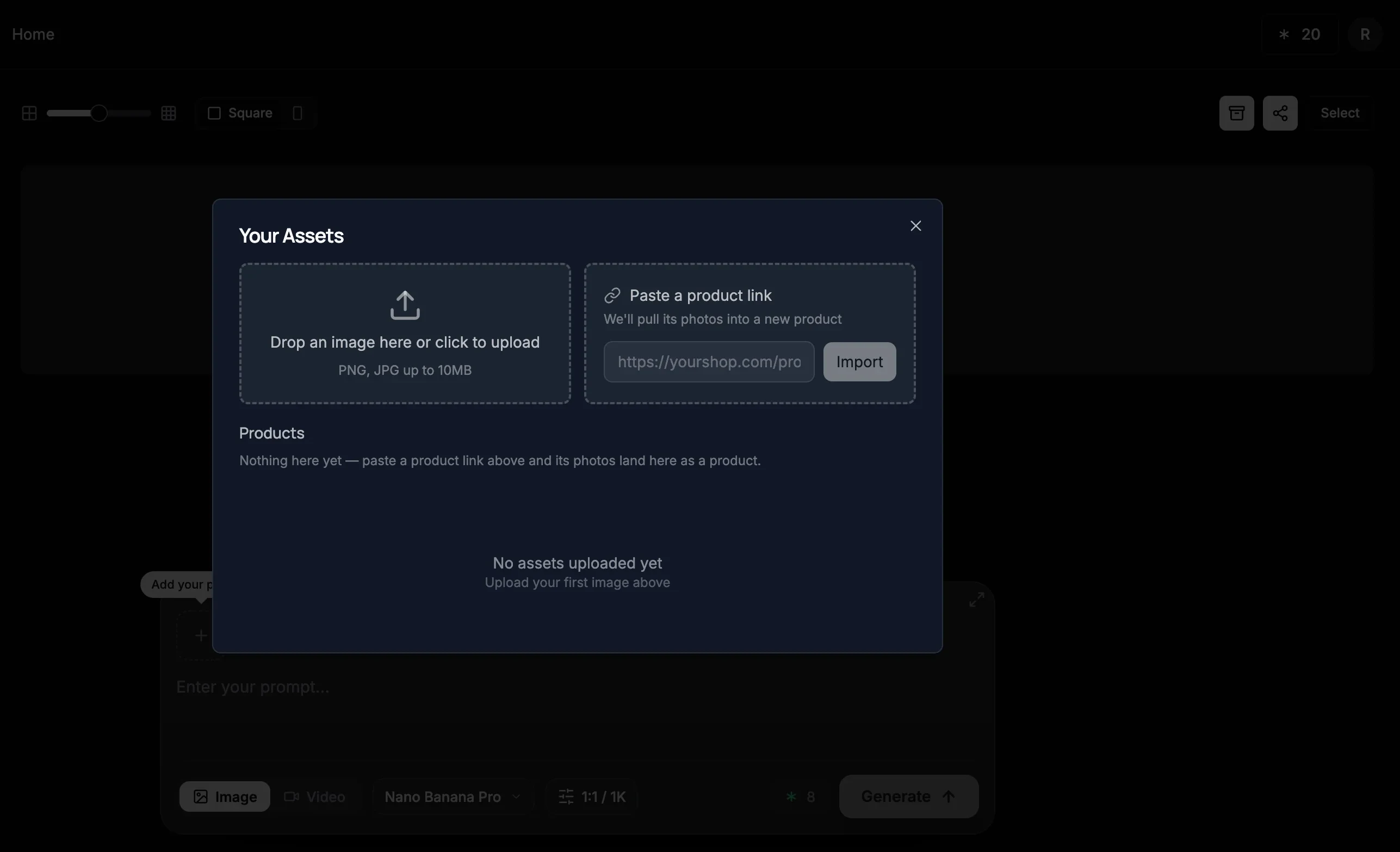 ProductAI Your Assets dialog with an upload drop zone, a paste-a-product-link field, and empty products and assets lists
