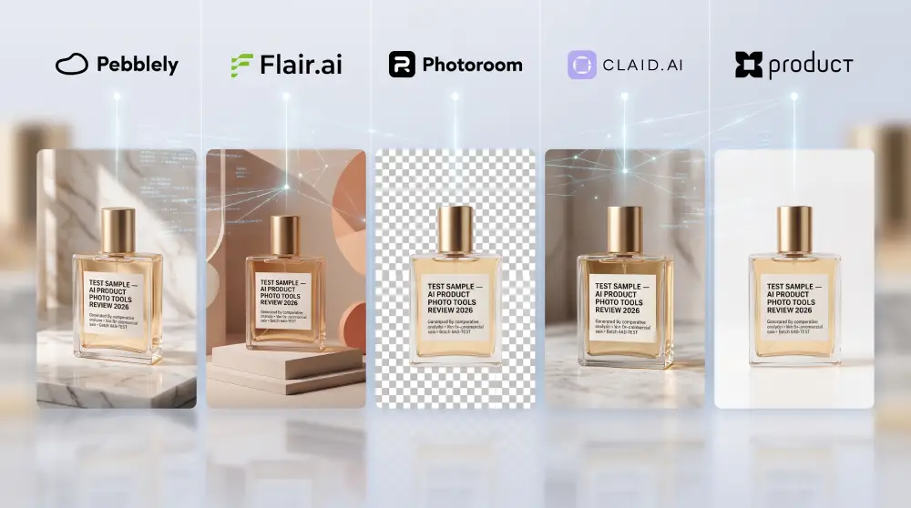 The same test fragrance bottle rendered by Pebblely, Flair.ai, Photoroom, Claid.ai and ProductAI, shown side by side