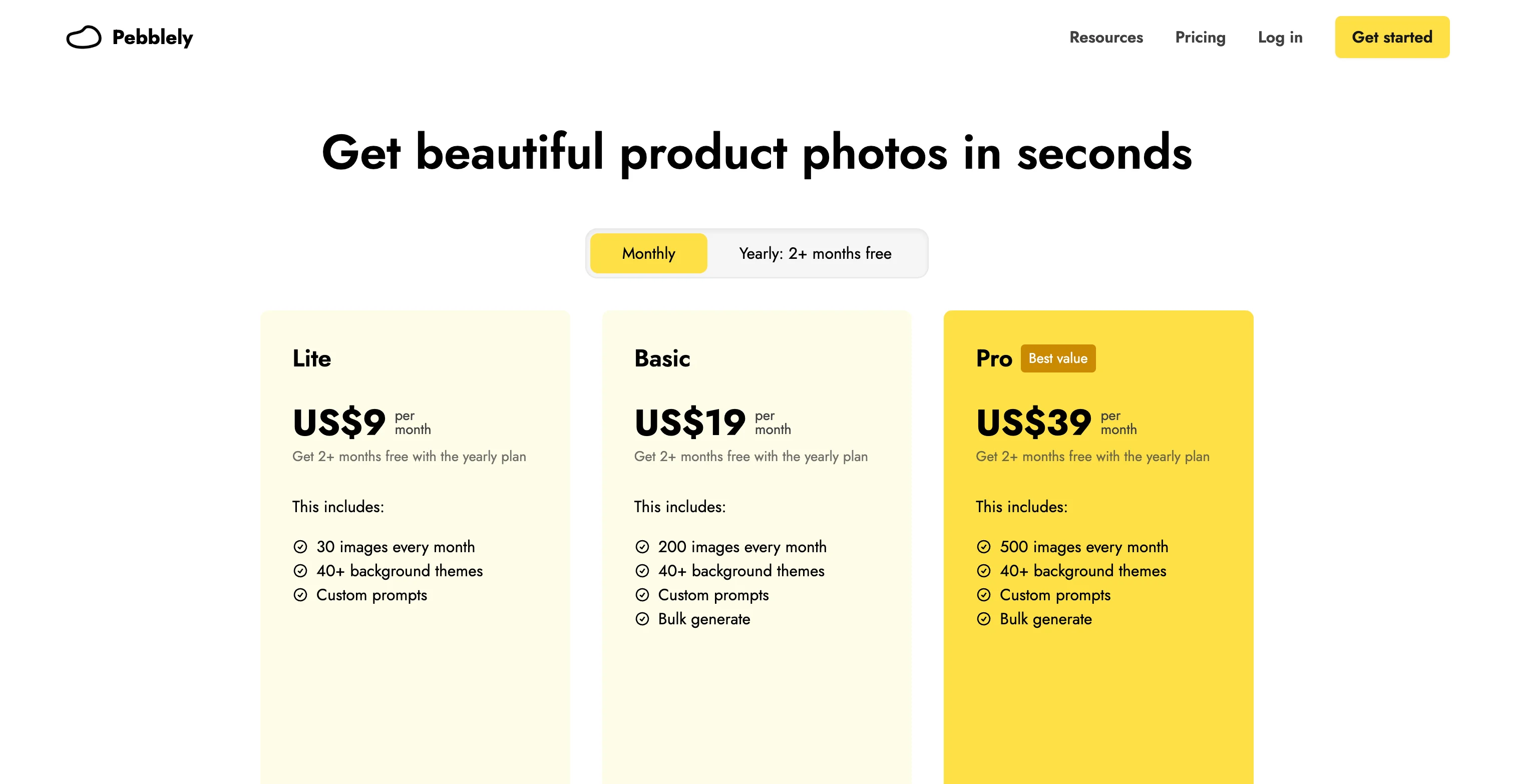 Pebblely's pricing page showing the Lite, Basic and Pro tiers