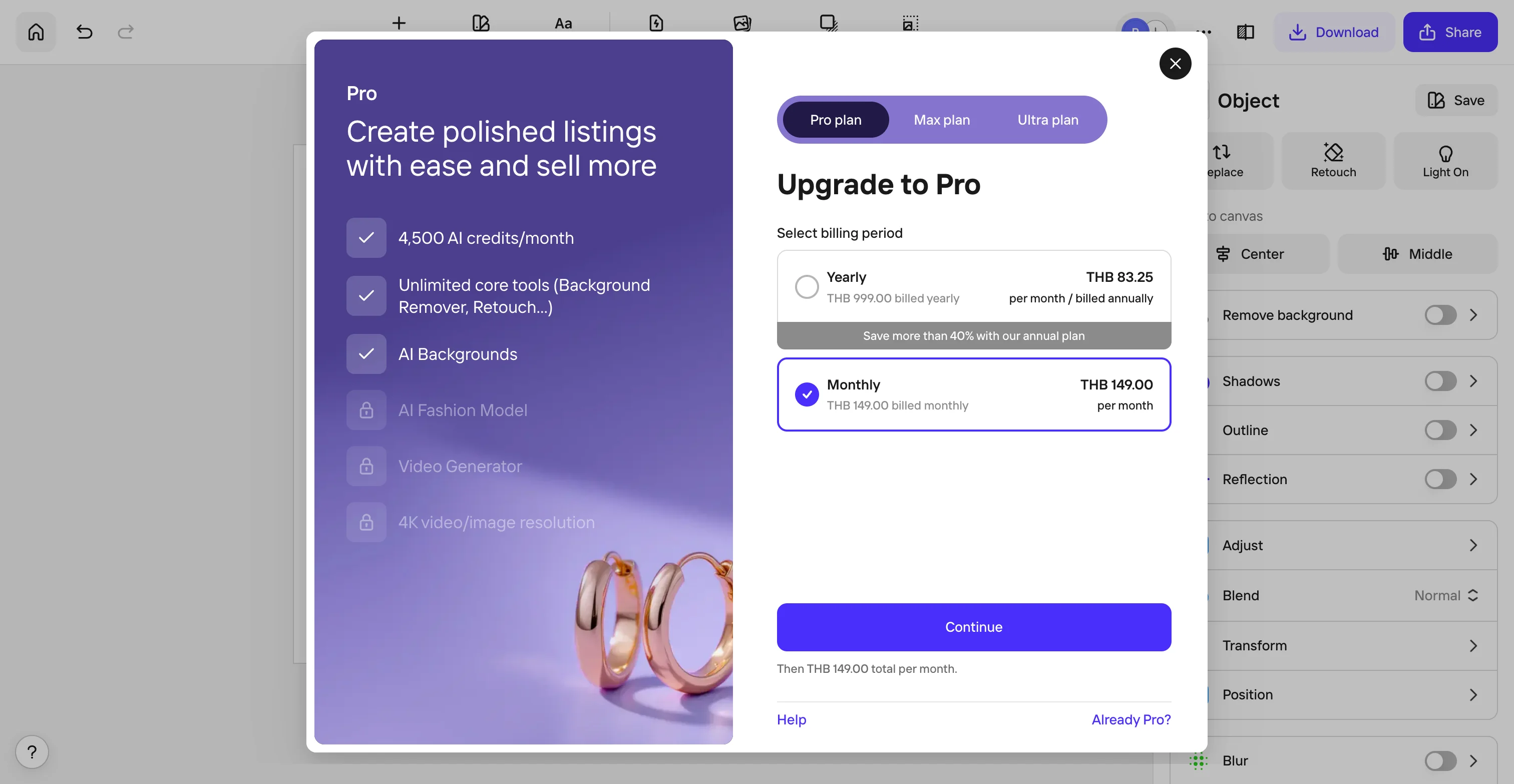 Photoroom's Upgrade to Pro paywall blocking the AI Backgrounds tool on the free plan