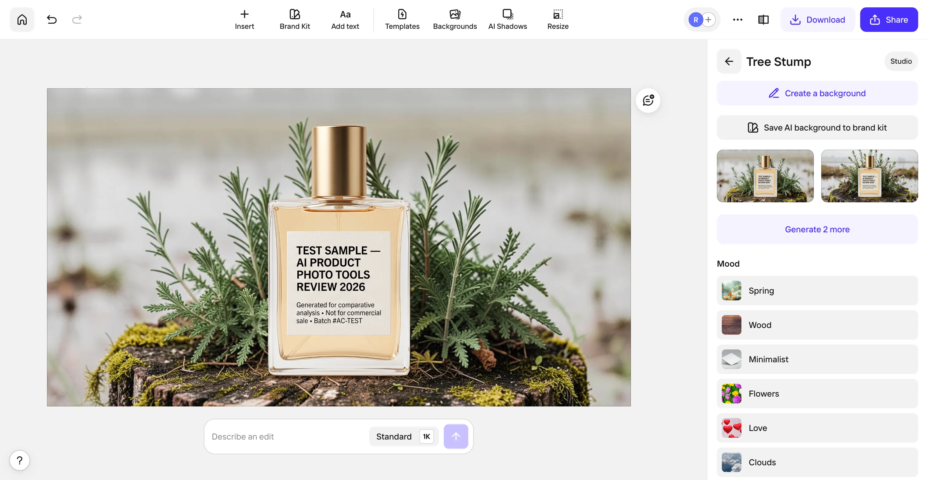 Photoroom's Tree Stump preset background applied to the test bottle with the label rendered cleanly