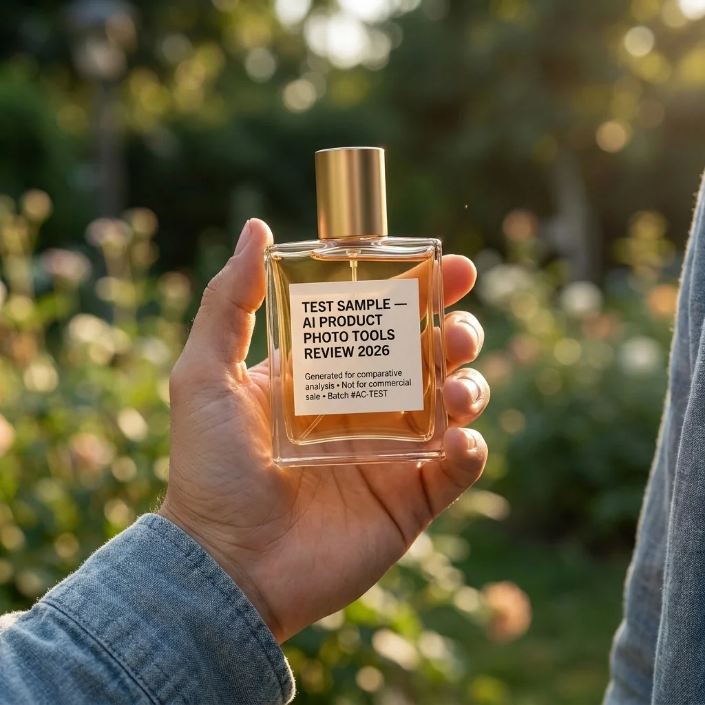 ProductAI output: the test bottle held naturally outdoors with the label still crisp and legible