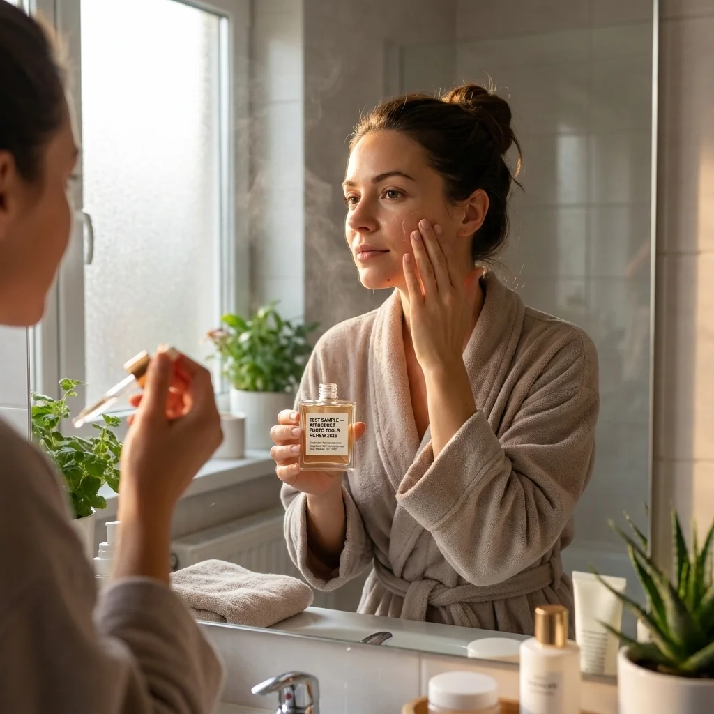 ProductAI output: bathroom mirror reflection scene where the label text distorts on close inspection