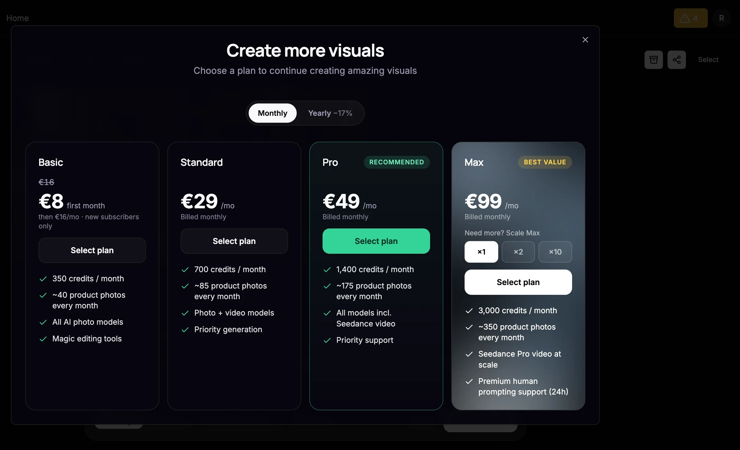 ProductAI in-app pricing screen showing Basic, Standard, Pro and Max tiers priced in euros