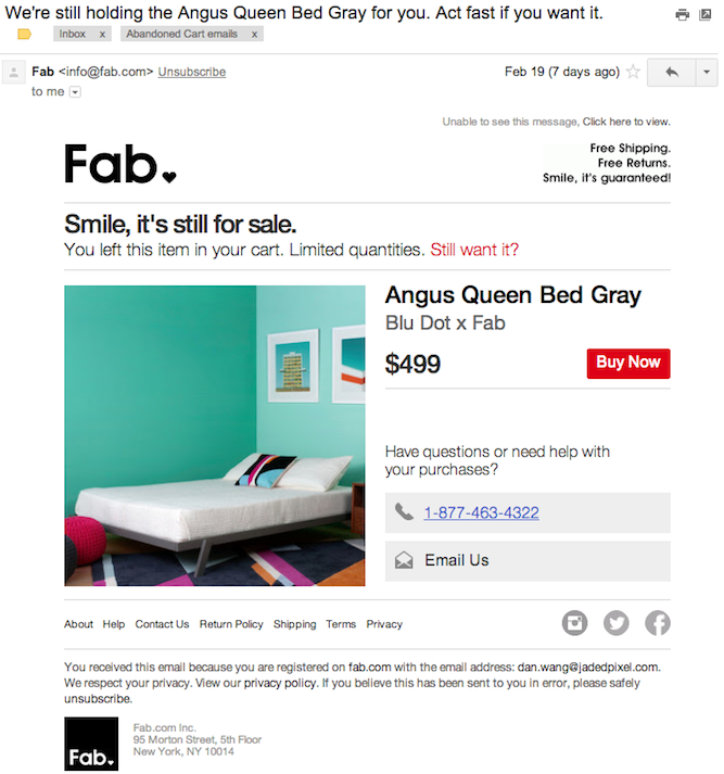 shopping cart abandonment email example fab