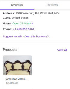 A product being shown in a Google Business Profile